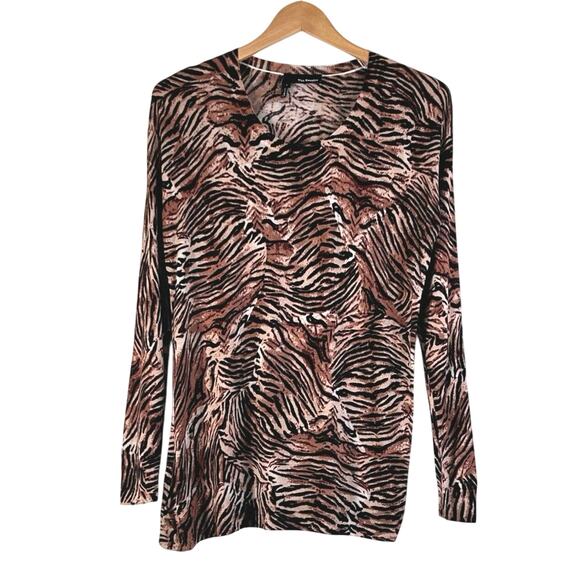 The Kooples Silk Zebra Print Long Sleeve Round Neck Sweater Brown Animal Print - Picture 1 of 5